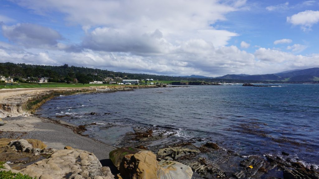 Image of guided meditation at Pebble beach, video blog, vlog, blog to video, Nice golf course view