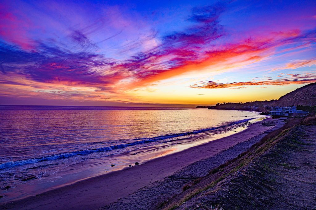 image for guided meditation, Malibu Lagoon State Beach, beach and bay, sun set, video presentation, sflow.io