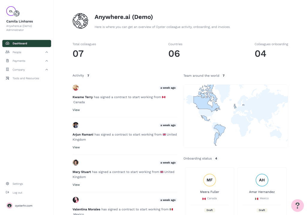 Image for Oyster, global sourcing, global hiring, remote employee, remote talents, build global team, Dashboard