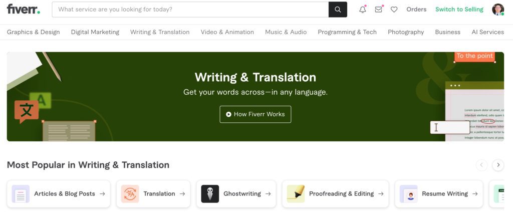 Image of Fiverr, freelance service, all in one service, digital marketing, video marketing, blog contents, programming, writing and translation