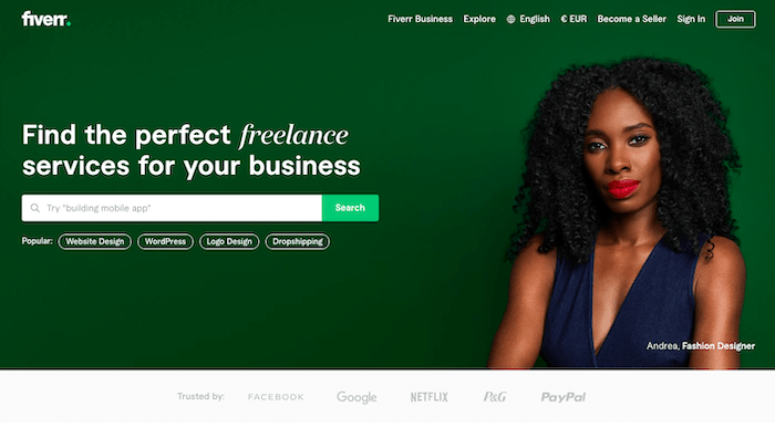 Image of Fiverr, freelance service, all in one service, digital marketing, video marketing, blog contents, programming,