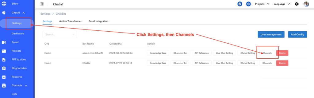 Easiio ChatAI, settings, and channels