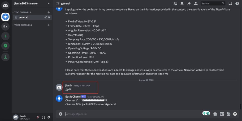 Server /getid command to the Easiio ChatAI chatbot.